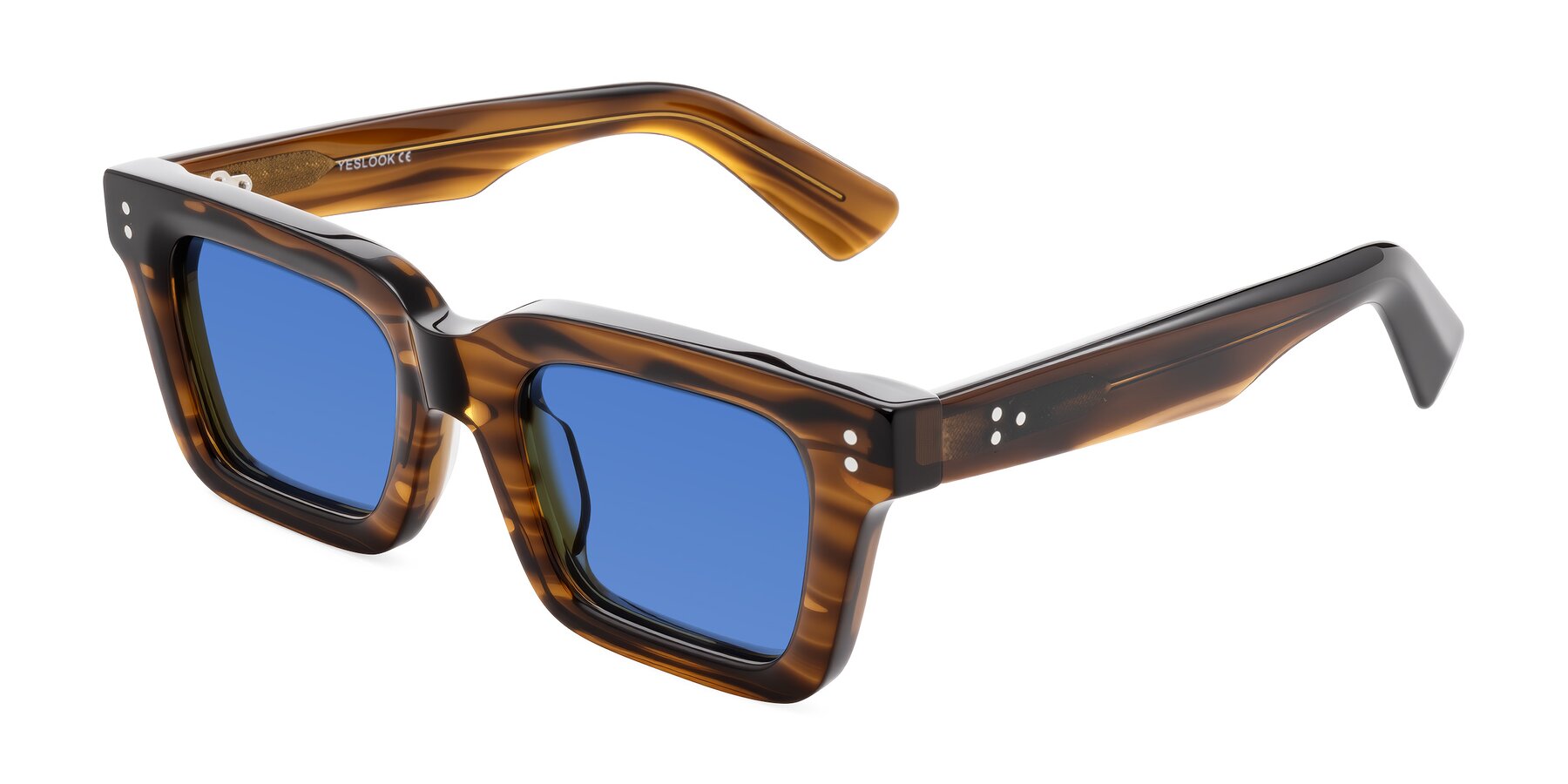 Angle of Izael in Dark Brown Striped with Blue Tinted Lenses