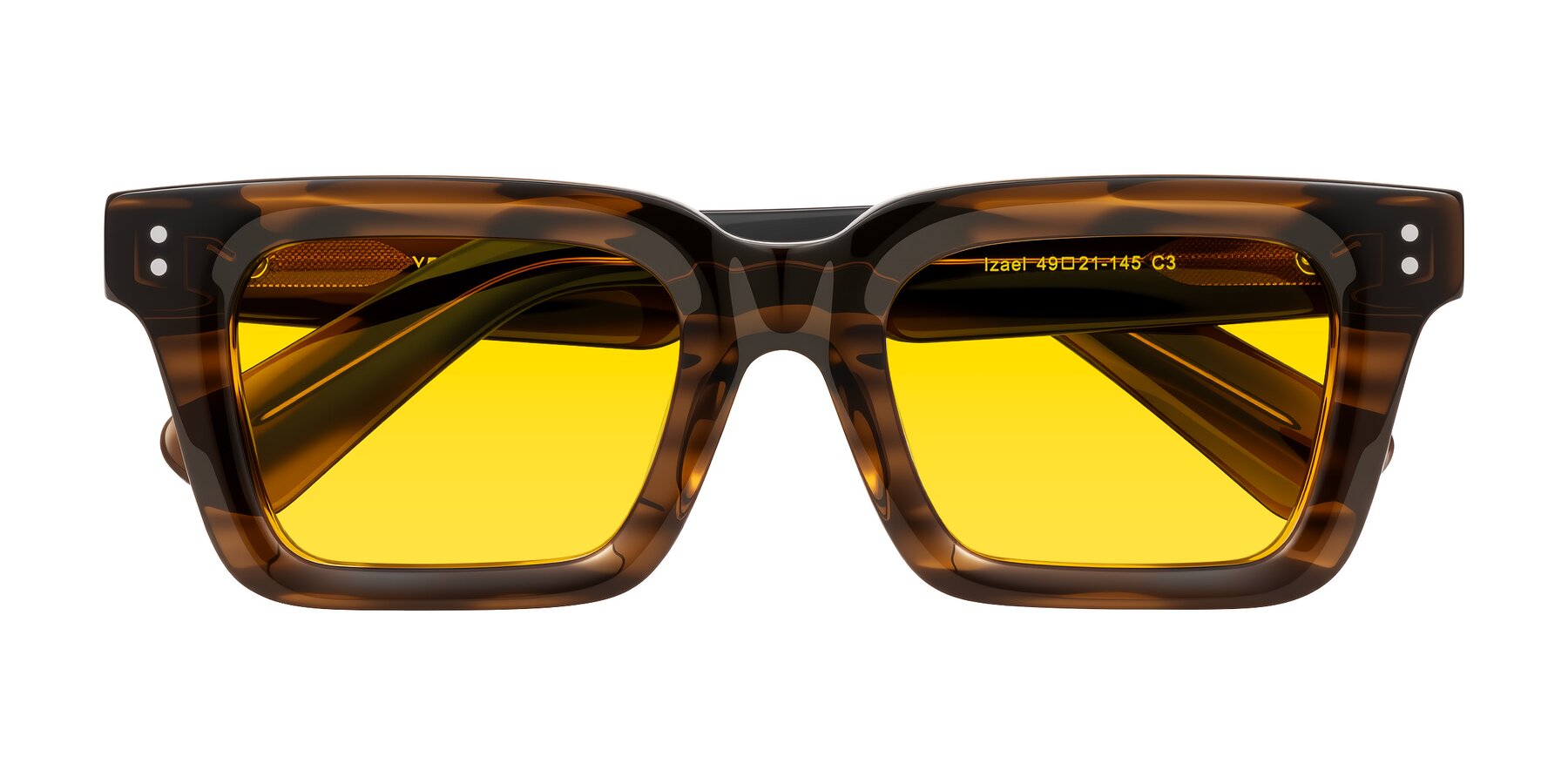 Folded Front of Izael in Dark Brown Striped with Yellow Tinted Lenses