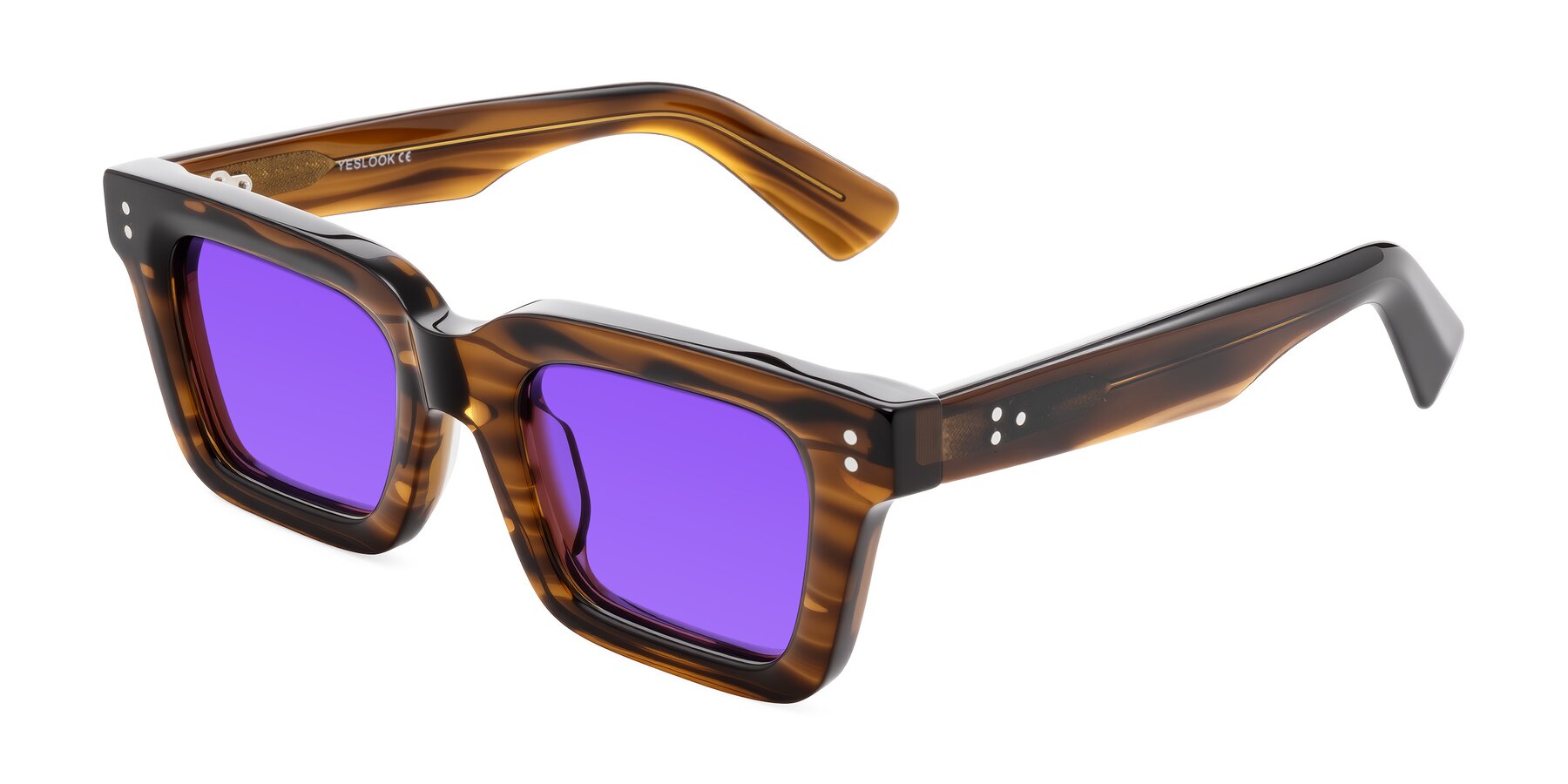 Angle of Izael in Dark Brown Striped with Purple Tinted Lenses
