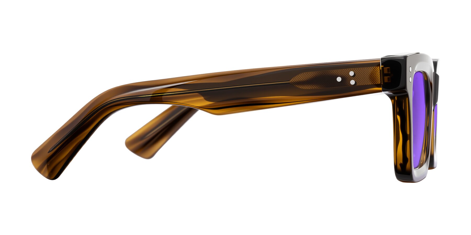 Side of Izael in Dark Brown Striped with Purple Tinted Lenses