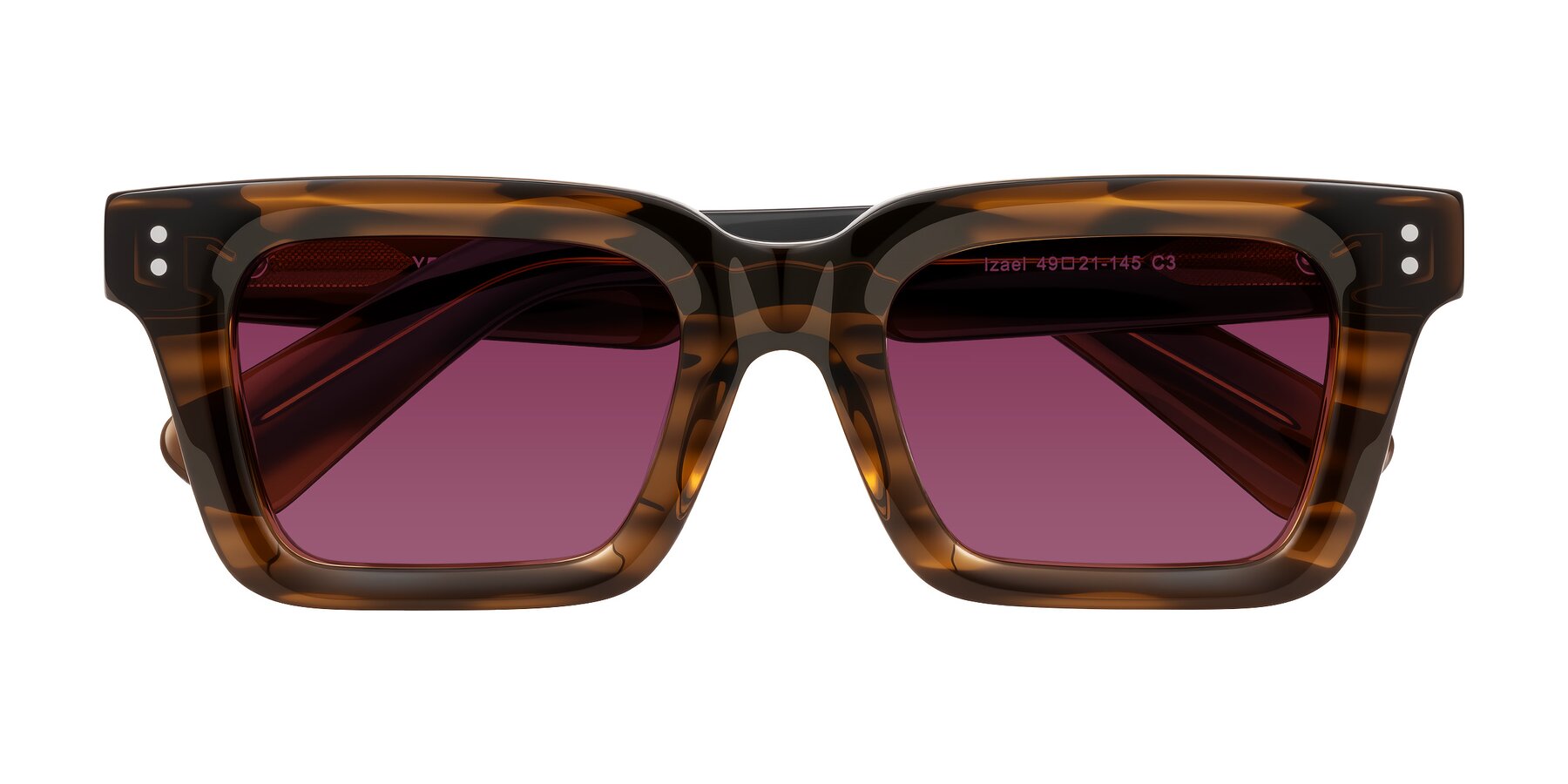 Folded Front of Izael in Dark Brown Striped with Wine Tinted Lenses
