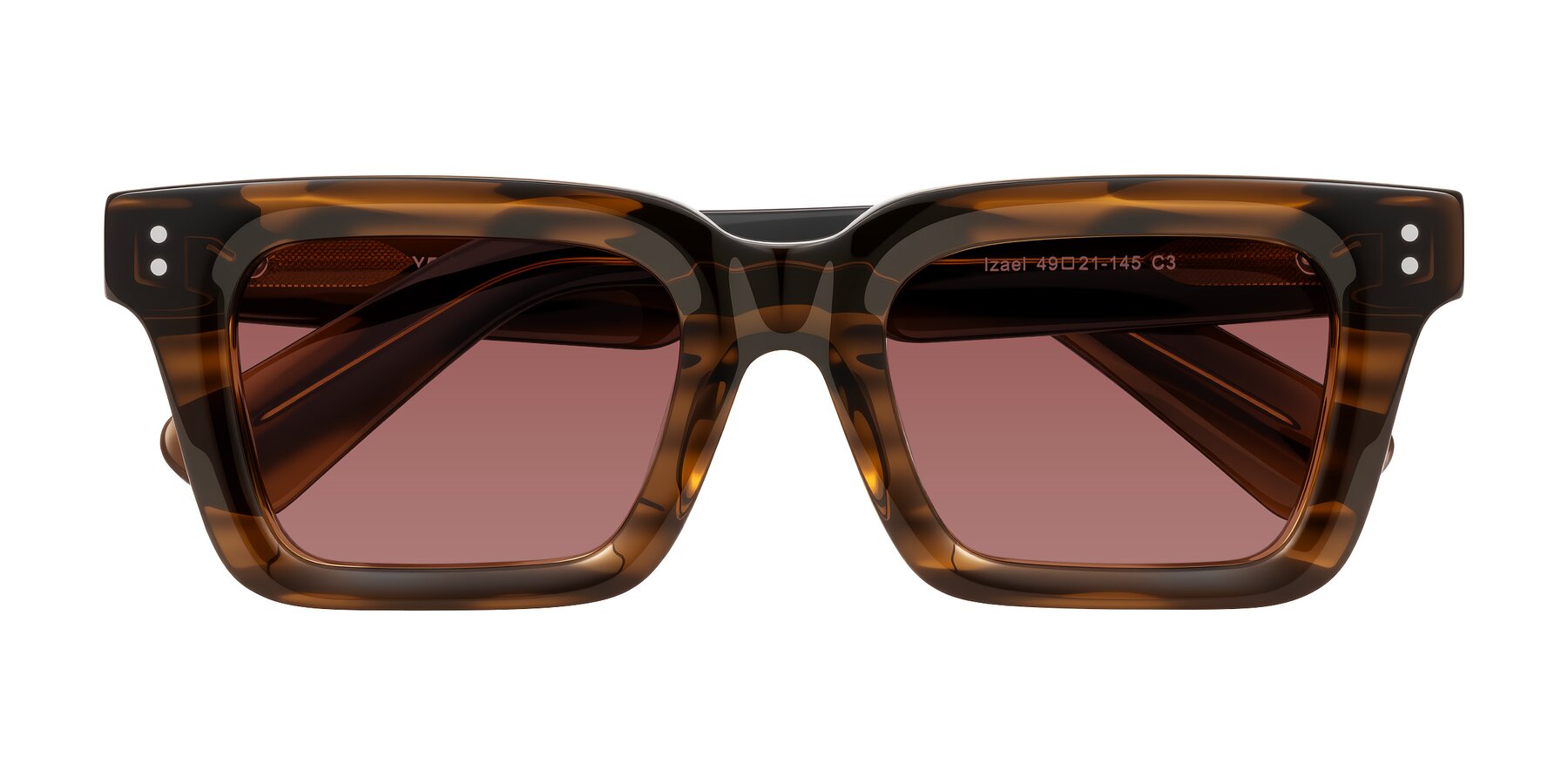 Folded Front of Izael in Dark Brown Striped with Garnet Tinted Lenses
