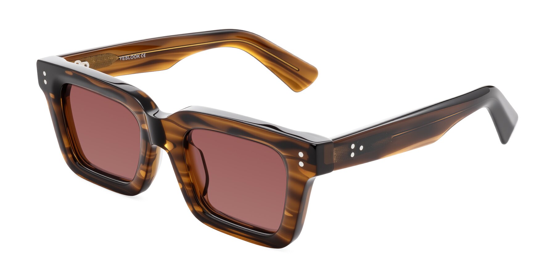 Angle of Izael in Dark Brown Striped with Garnet Tinted Lenses