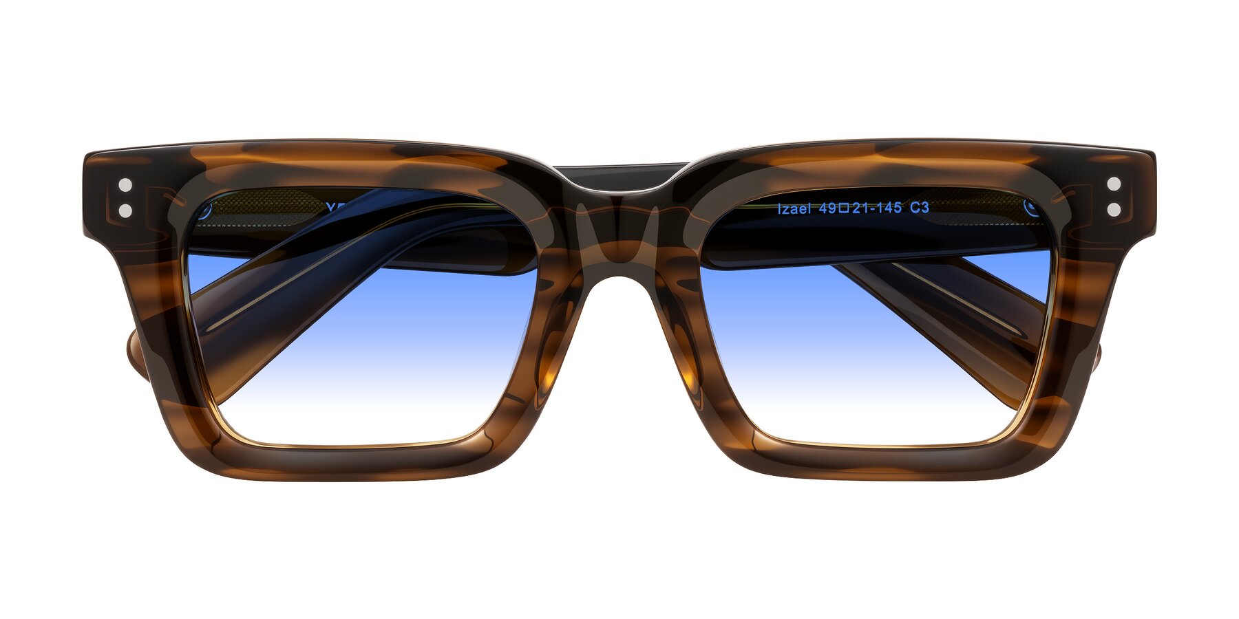 Folded Front of Izael in Dark Brown Striped with Blue Gradient Lenses