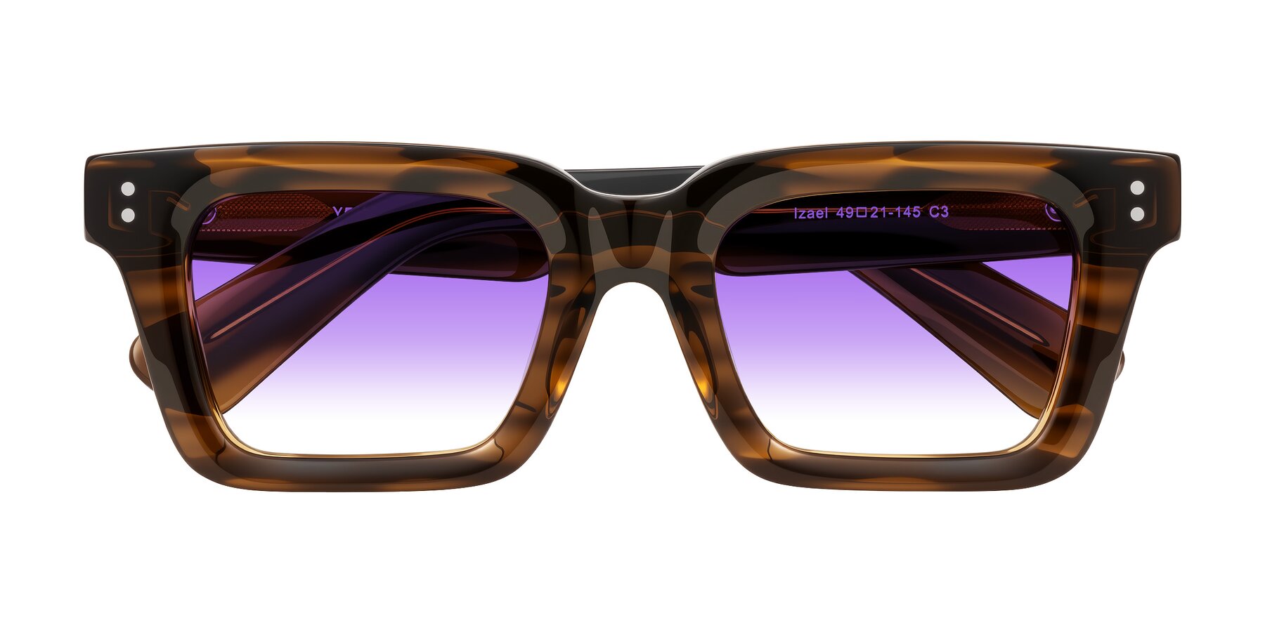 Folded Front of Izael in Dark Brown Striped with Purple Gradient Lenses