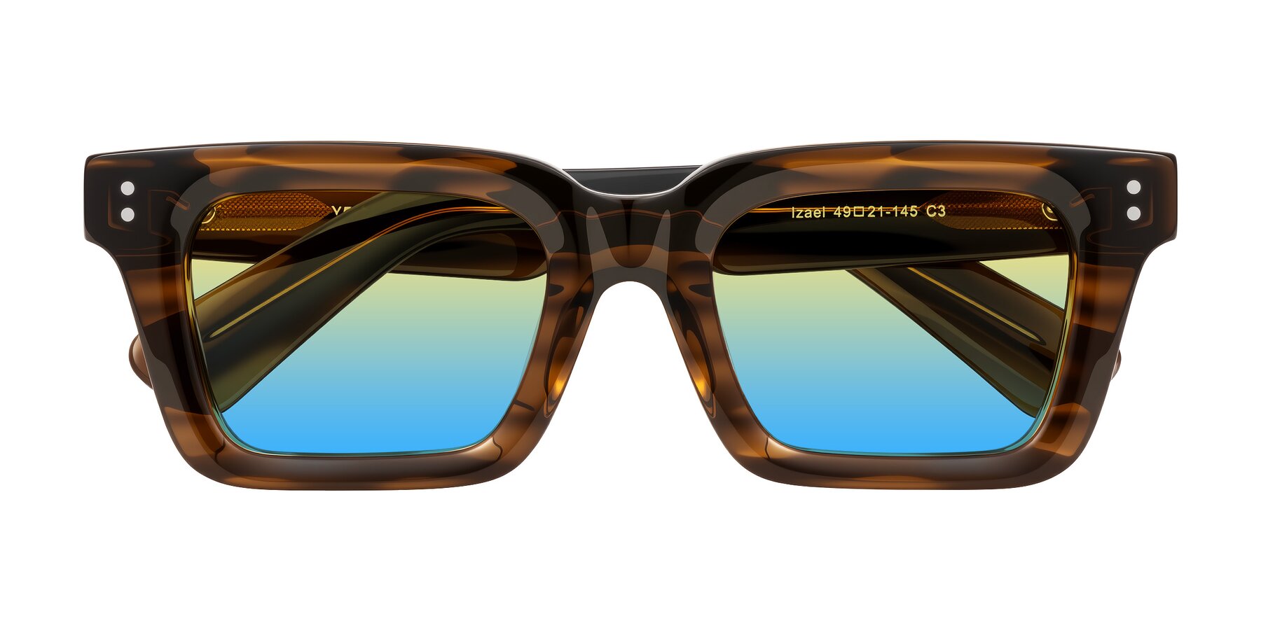 Folded Front of Izael in Dark Brown Striped with Yellow / Blue Gradient Lenses