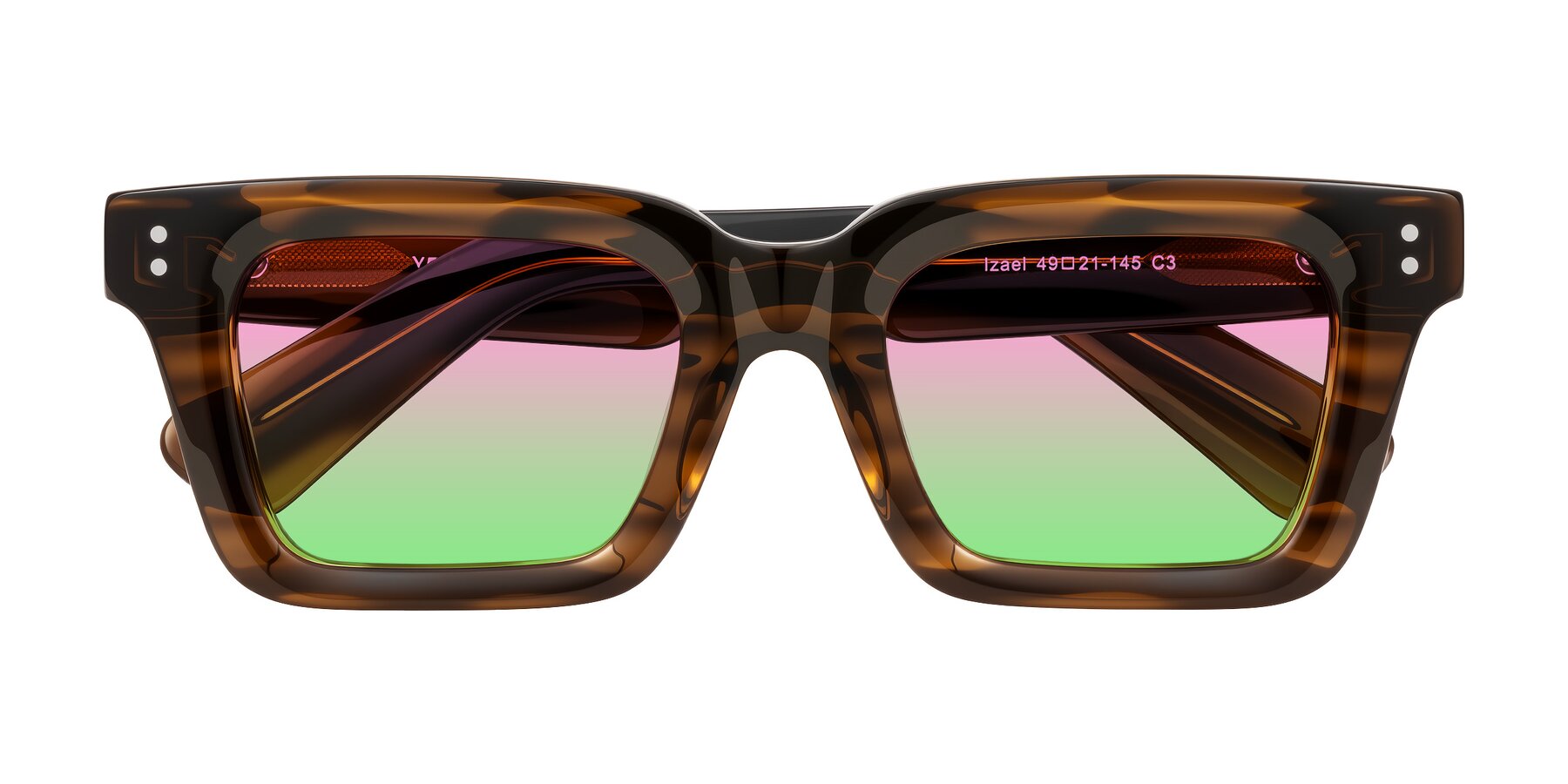 Folded Front of Izael in Dark Brown Striped with Pink / Green Gradient Lenses