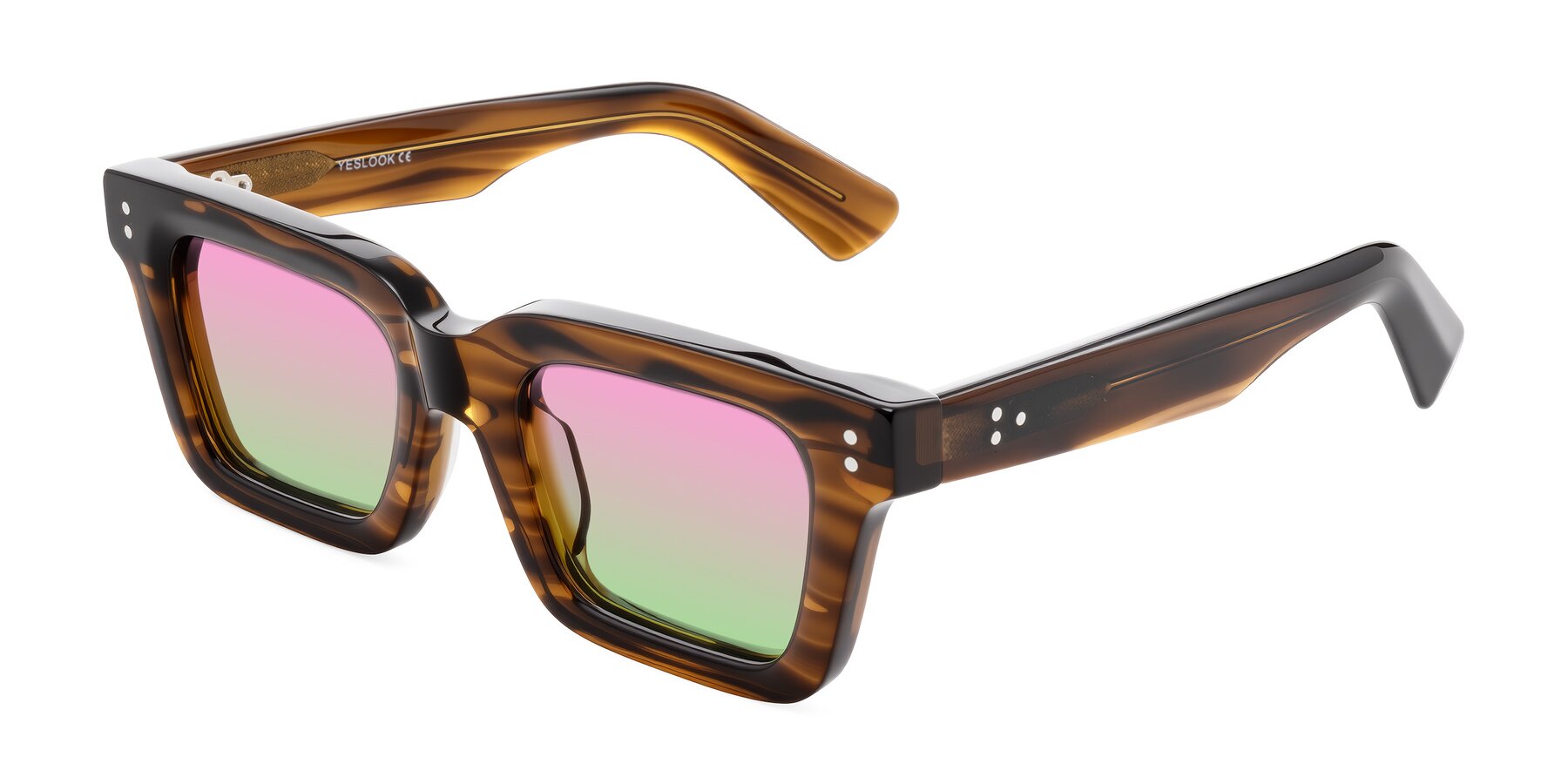 Angle of Izael in Dark Brown Striped with Pink / Green Gradient Lenses