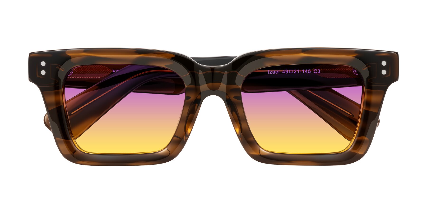 Folded Front of Izael in Dark Brown Striped with Purple / Yellow Gradient Lenses