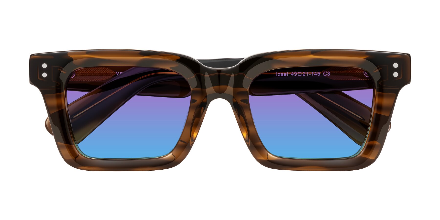 Folded Front of Izael in Dark Brown Striped with Purple / Blue Gradient Lenses