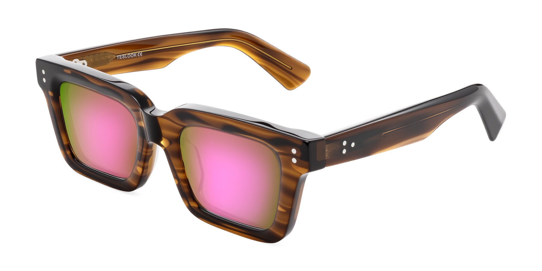 Angle of Izael in Dark Brown Striped with Pink Mirrored Lenses