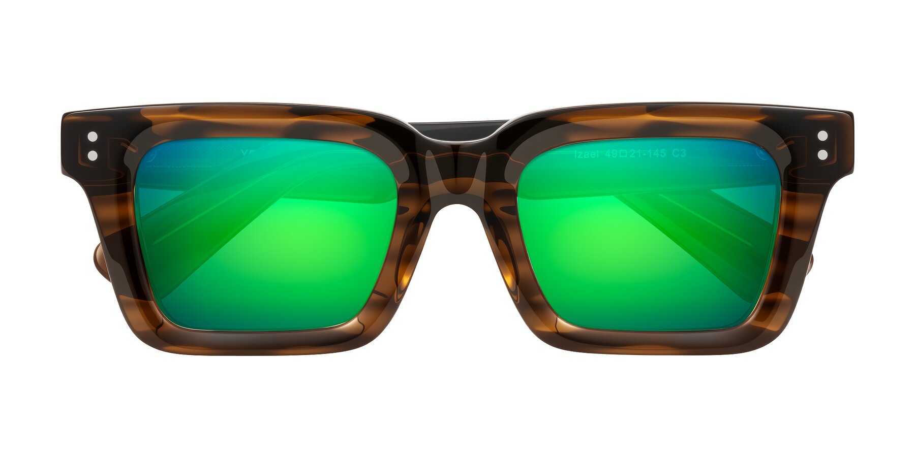 Folded Front of Izael in Dark Brown Striped with Green Mirrored Lenses