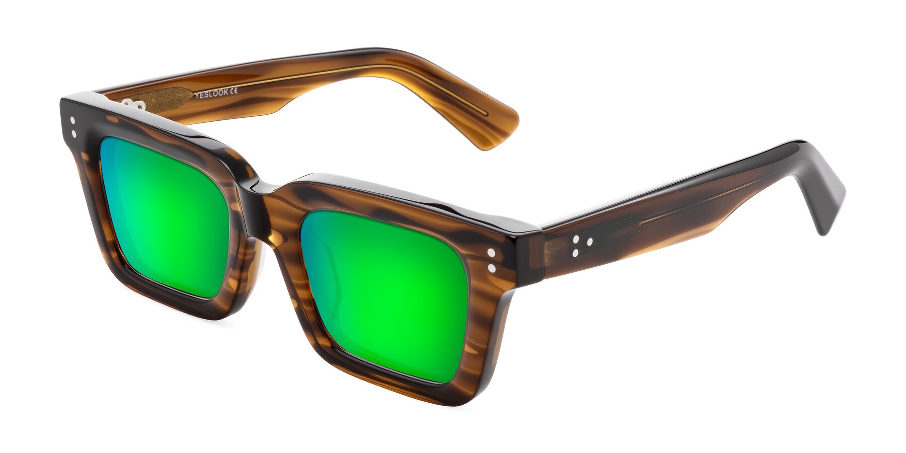 Angle of Izael in Dark Brown Striped with Green Mirrored Lenses
