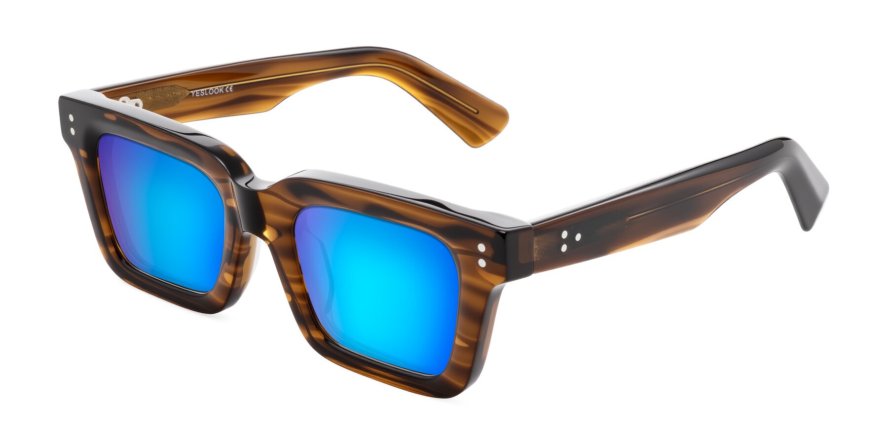 Angle of Izael in Dark Brown Striped with Blue Mirrored Lenses