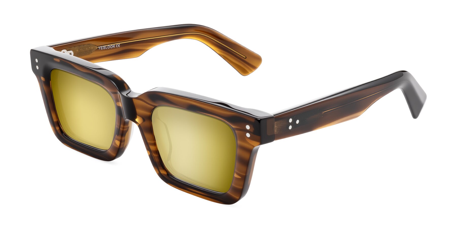 Angle of Izael in Dark Brown Striped with Gold Mirrored Lenses