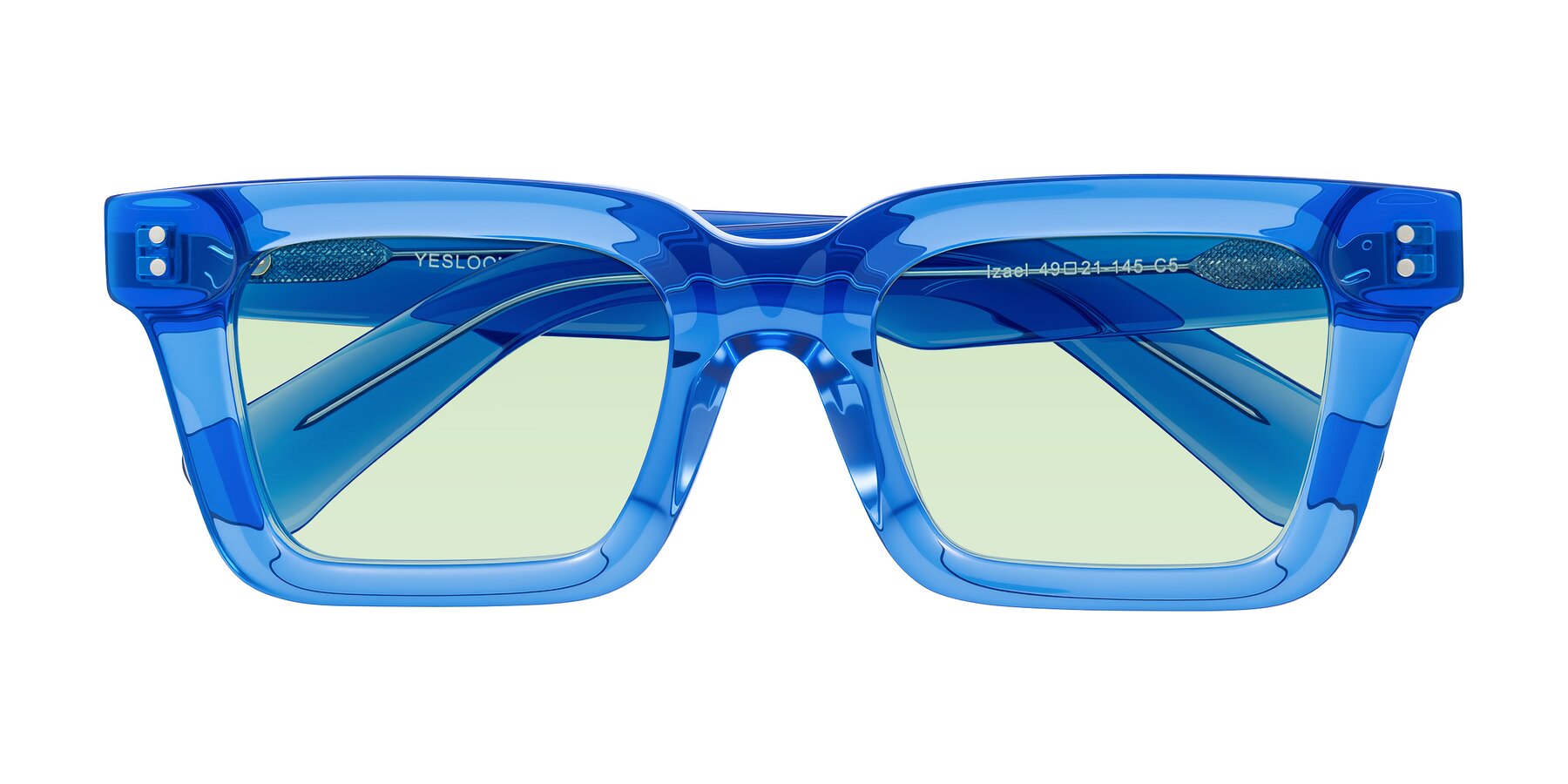 Folded Front of Izael in Transparent Blue with Light Green Tinted Lenses