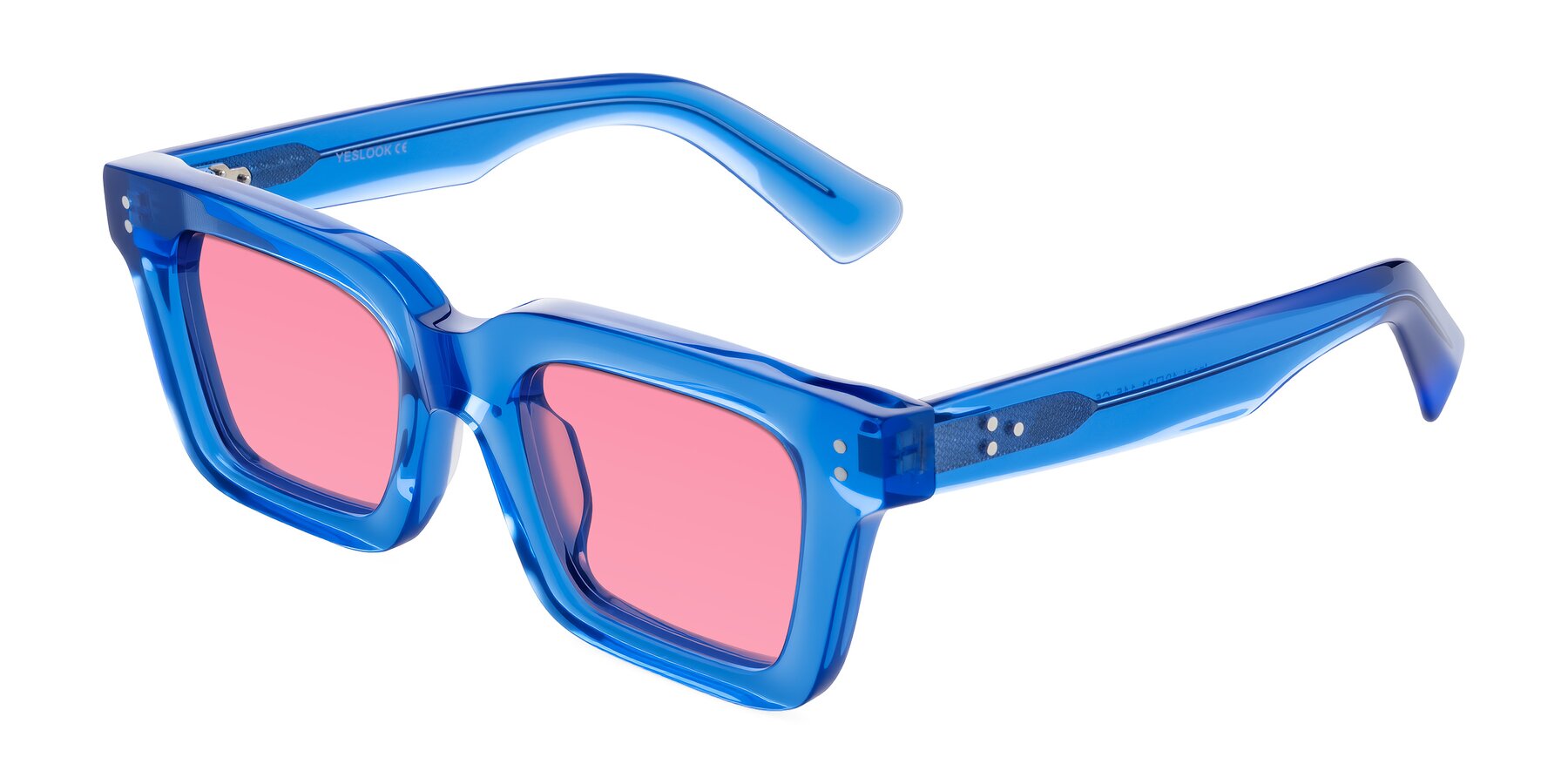 Angle of Izael in Transparent Blue with Pink Tinted Lenses