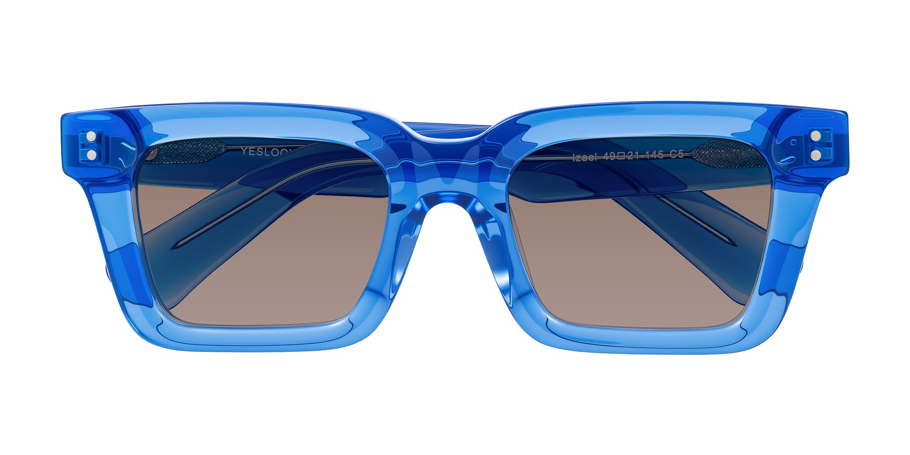 Folded Front of Izael in Transparent Blue with Medium Brown Tinted Lenses