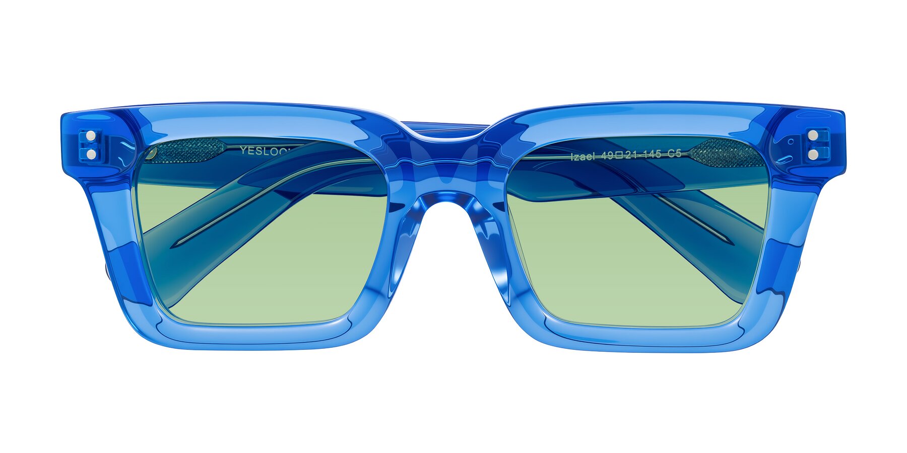 Folded Front of Izael in Transparent Blue with Medium Green Tinted Lenses
