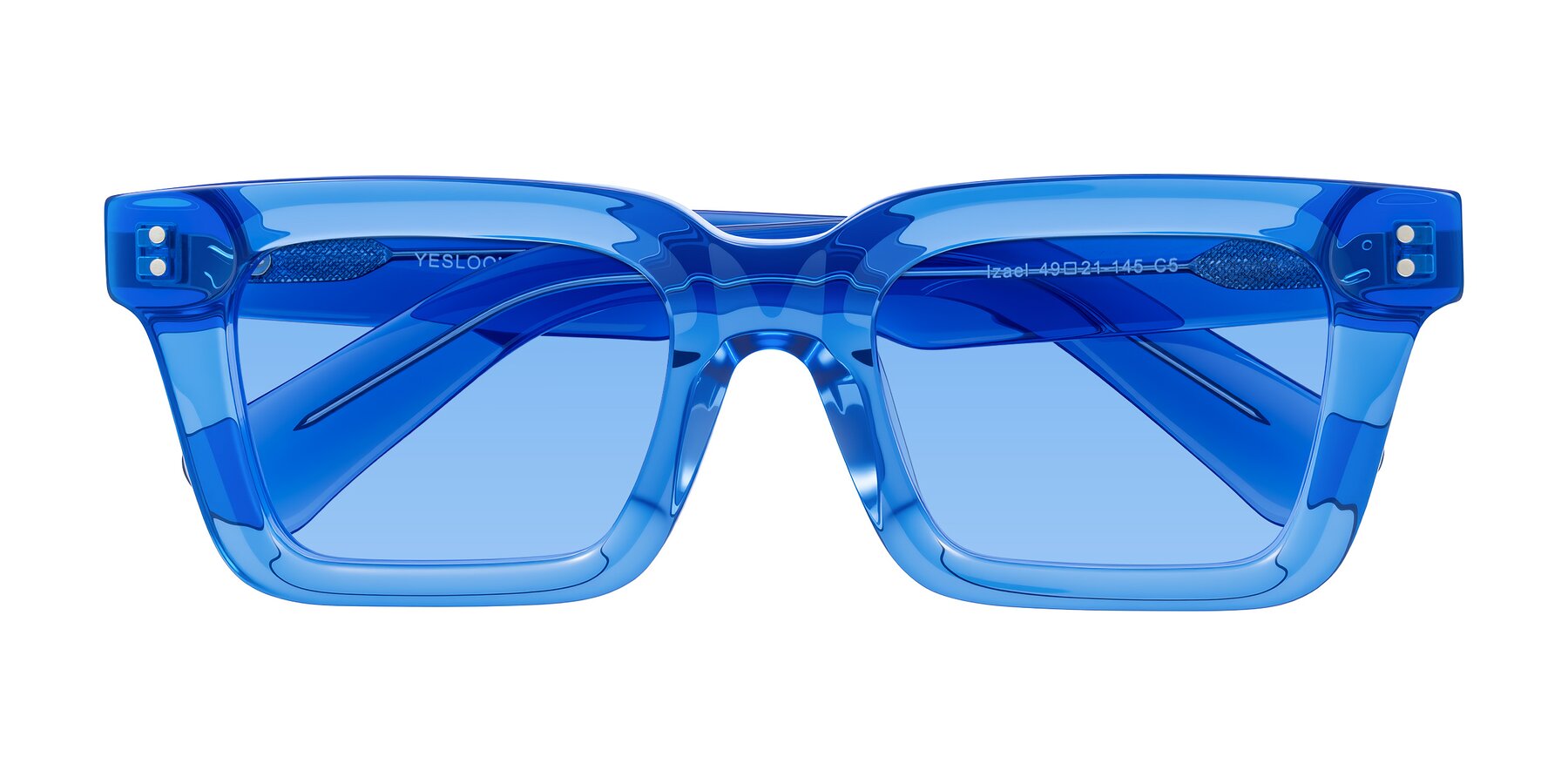 Folded Front of Izael in Transparent Blue with Medium Blue Tinted Lenses