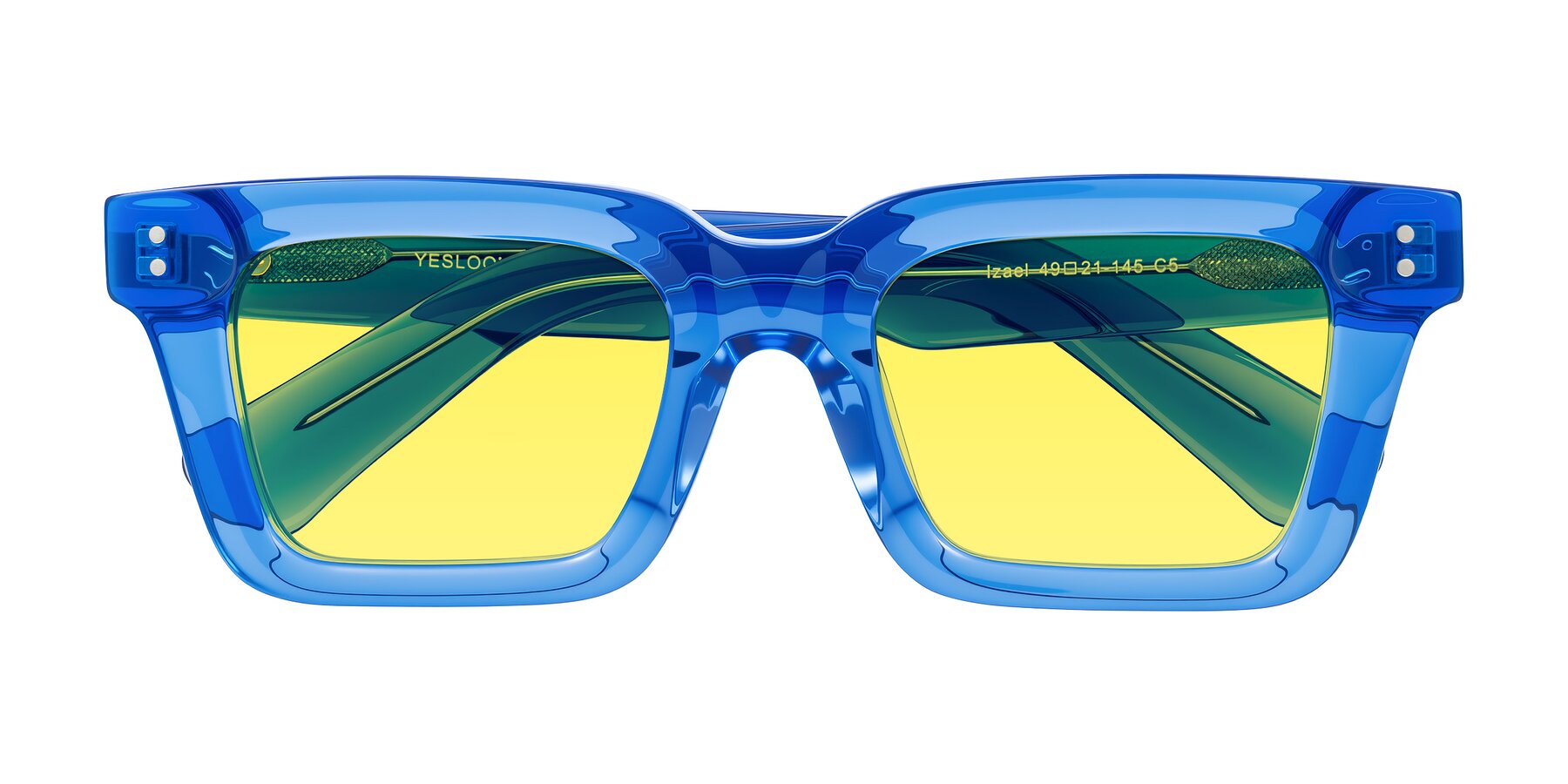 Folded Front of Izael in Transparent Blue with Medium Yellow Tinted Lenses
