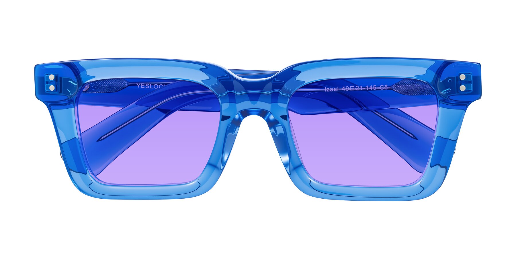 Folded Front of Izael in Transparent Blue with Medium Purple Tinted Lenses