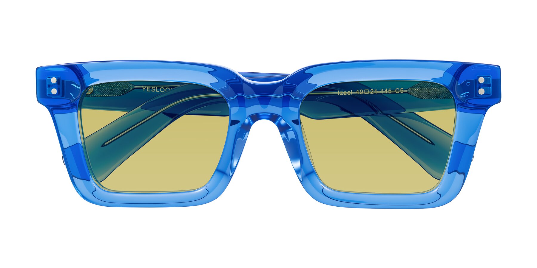 Folded Front of Izael in Transparent Blue with Medium Champagne Tinted Lenses