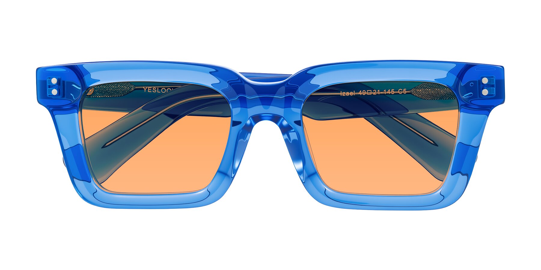 Folded Front of Izael in Transparent Blue with Medium Orange Tinted Lenses