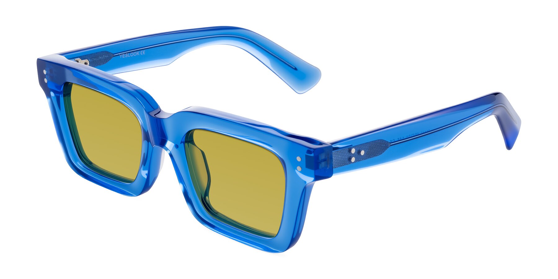 Angle of Izael in Transparent Blue with Champagne Tinted Lenses