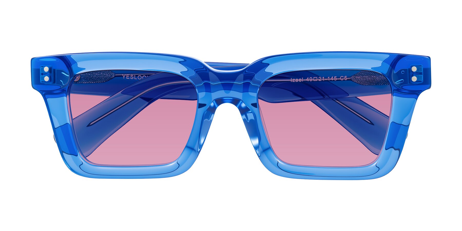 Folded Front of Izael in Transparent Blue with Medium Wine Tinted Lenses