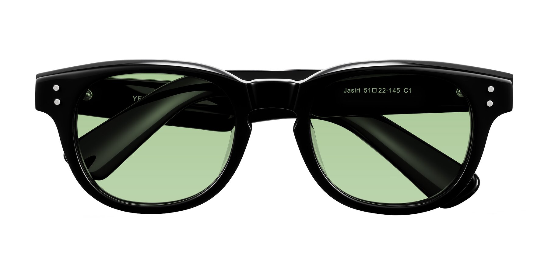 Folded Front of Jasiri in Black with Medium Green Tinted Lenses