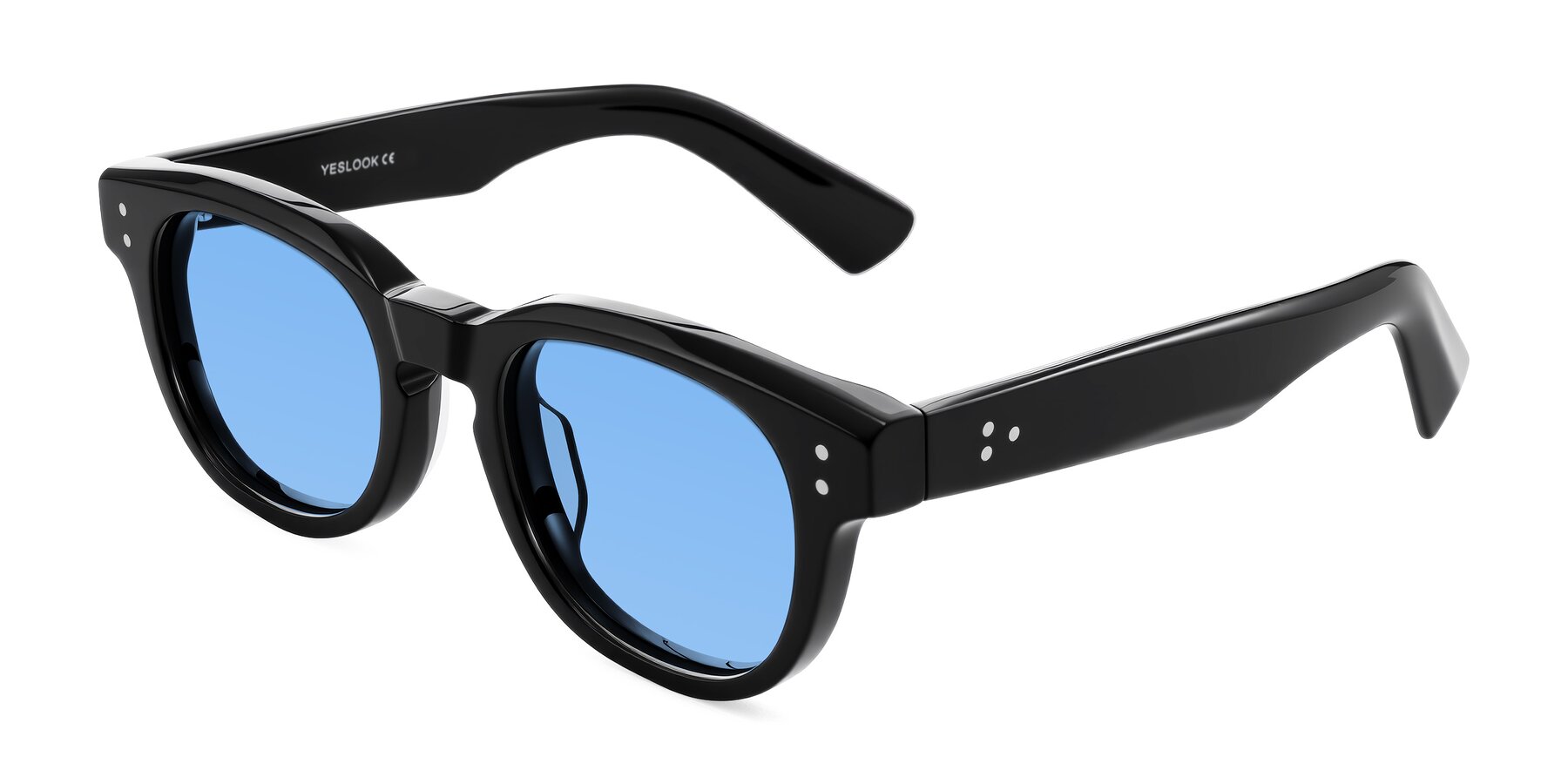 Angle of Jasiri in Black with Medium Blue Tinted Lenses