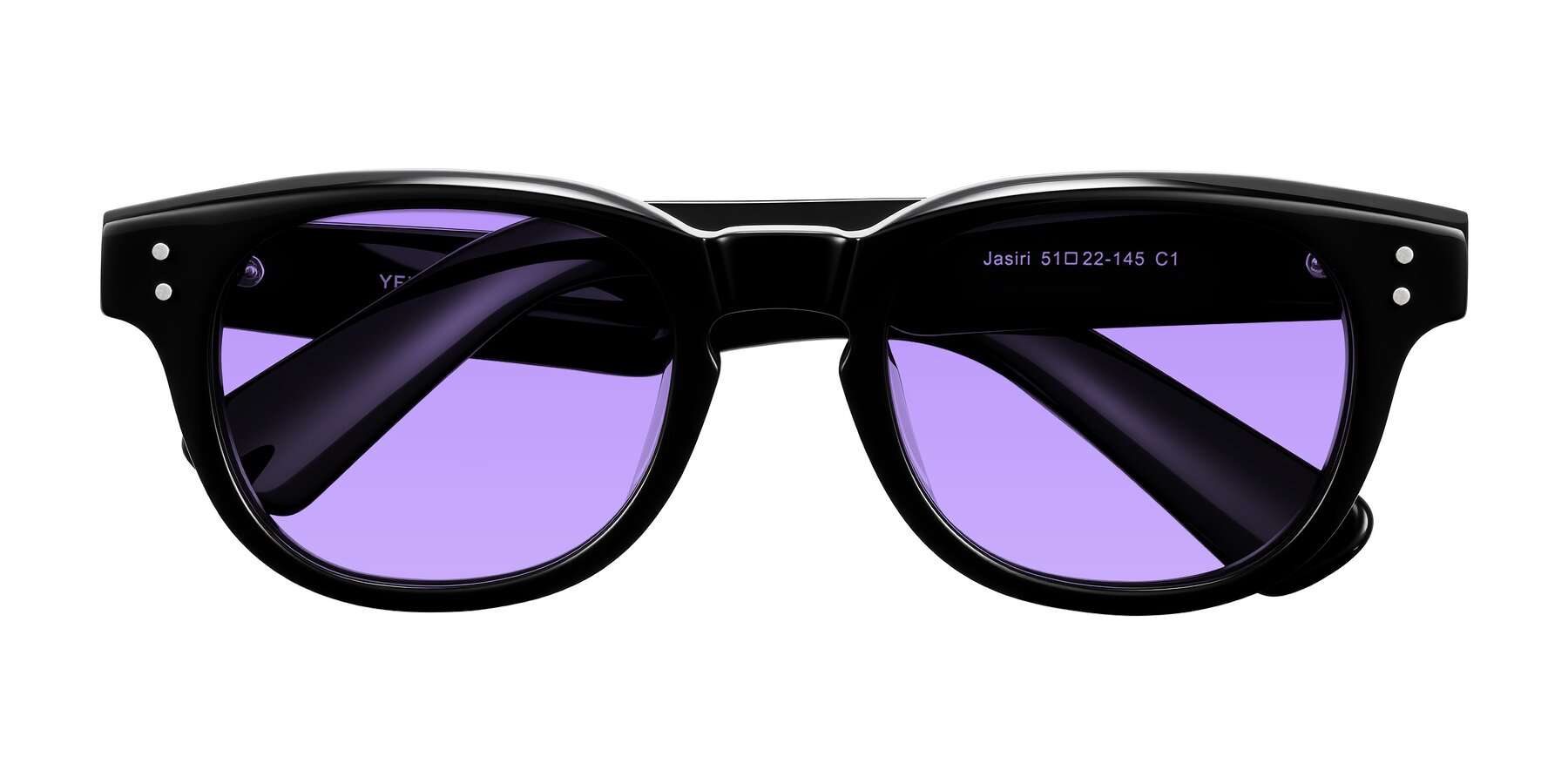 Folded Front of Jasiri in Black with Medium Purple Tinted Lenses