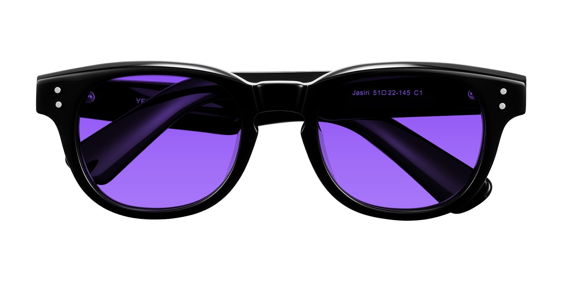 Folded Front of Jasiri in Black with Purple Tinted Lenses