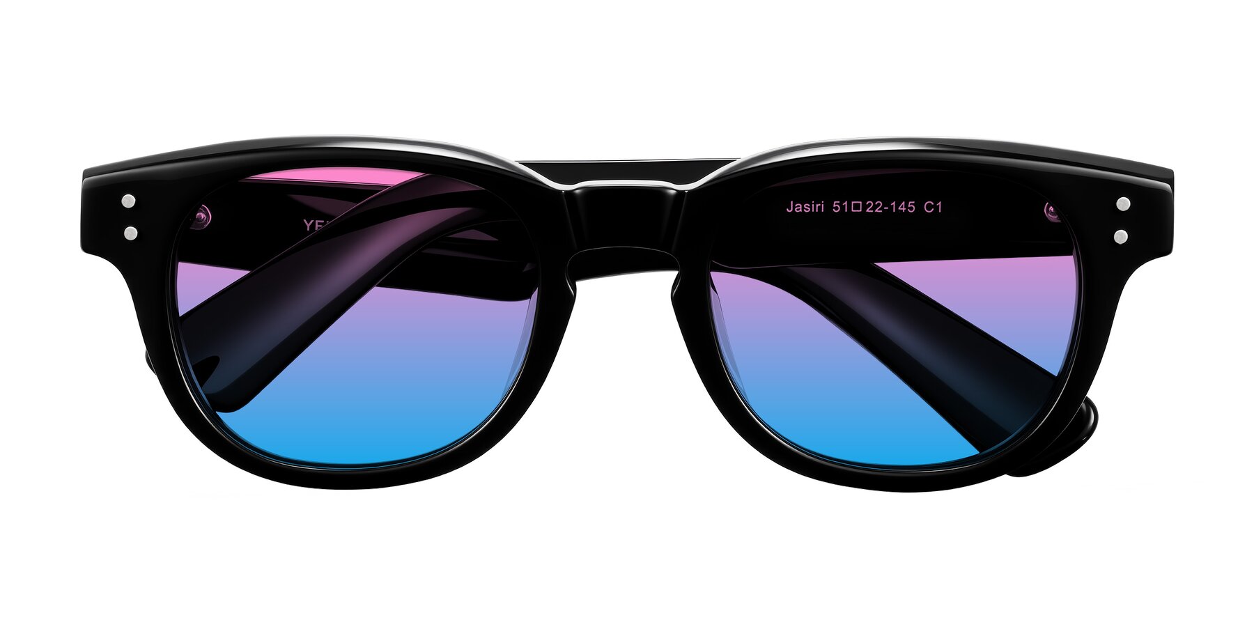 Folded Front of Jasiri in Black with Pink / Blue Gradient Lenses