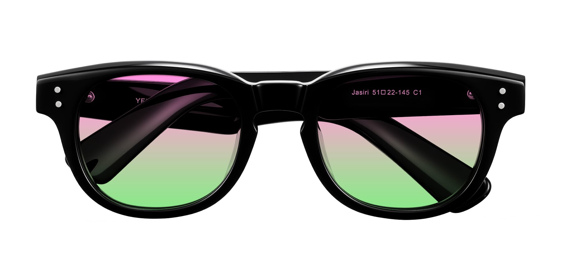 Folded Front of Jasiri in Black with Pink / Green Gradient Lenses