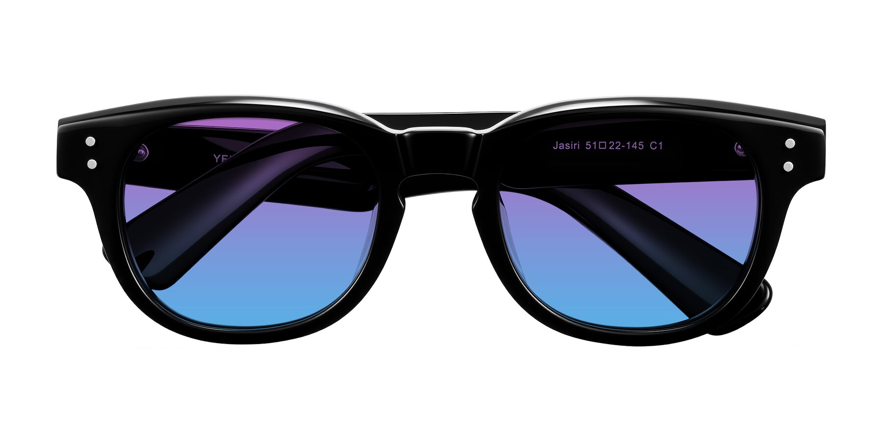 Folded Front of Jasiri in Black with Purple / Blue Gradient Lenses