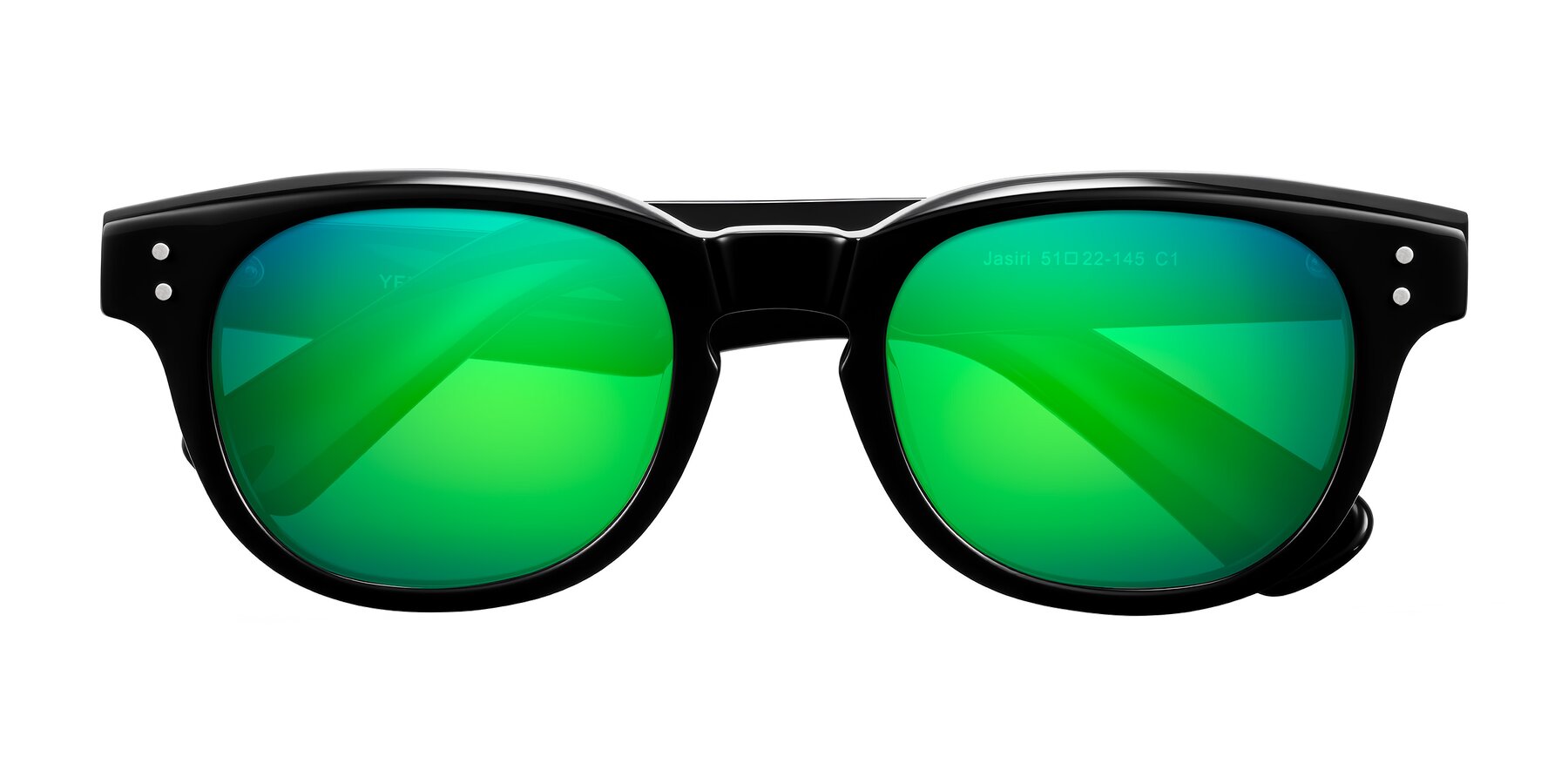 Folded Front of Jasiri in Black with Green Mirrored Lenses
