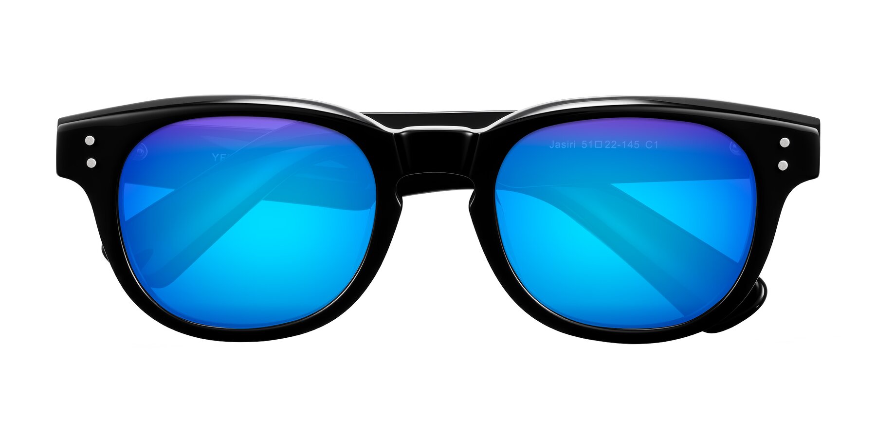 Folded Front of Jasiri in Black with Blue Mirrored Lenses