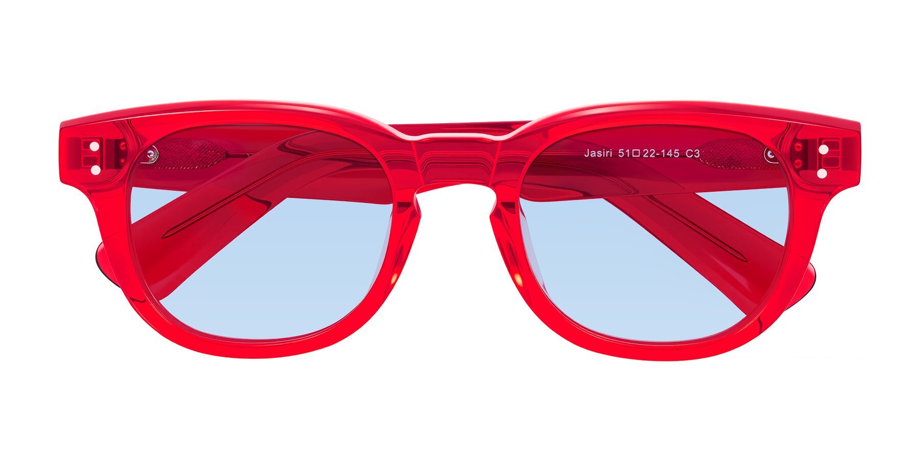 Folded Front of Jasiri in Chili Pepper with Light Blue Tinted Lenses