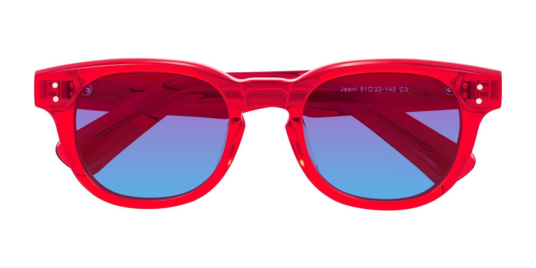 Folded Front of Jasiri in Chili Pepper with Purple / Blue Gradient Lenses