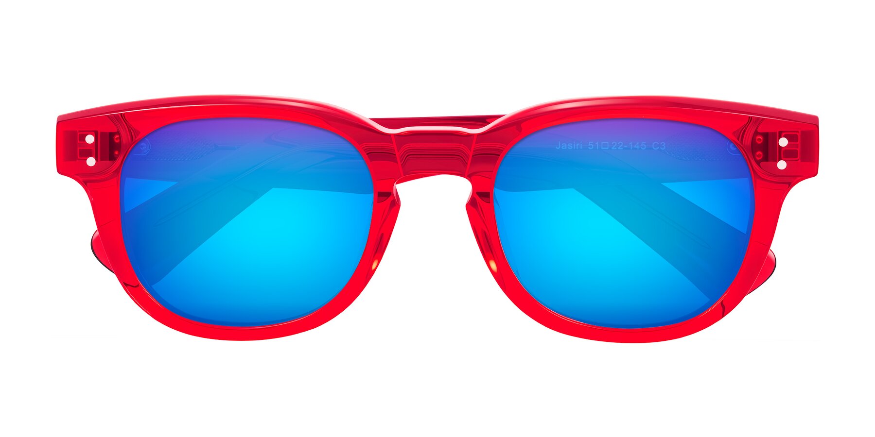 Folded Front of Jasiri in Chili Pepper with Blue Mirrored Lenses