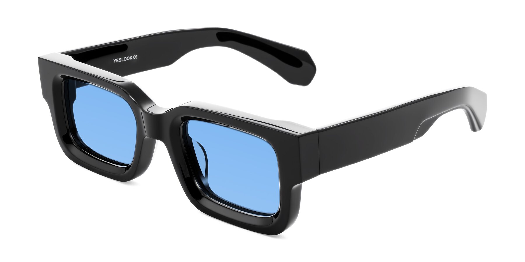 Angle of Nuria in Black with Medium Blue Tinted Lenses