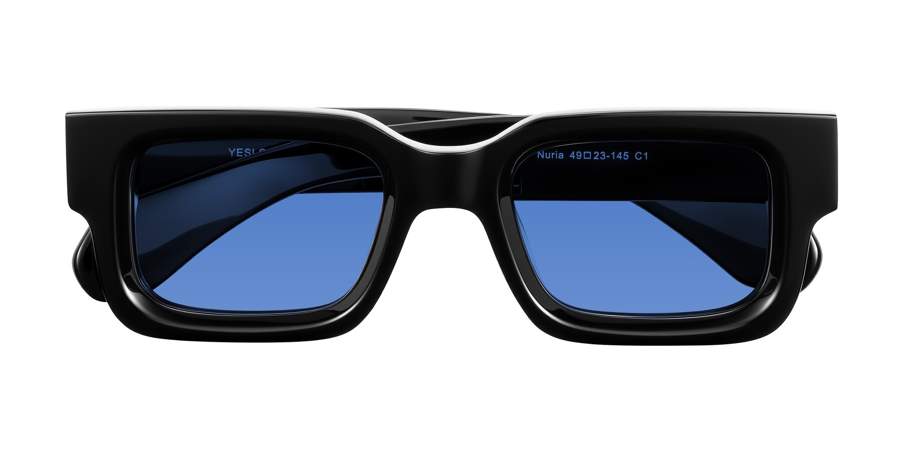 Folded Front of Nuria in Black with Blue Tinted Lenses