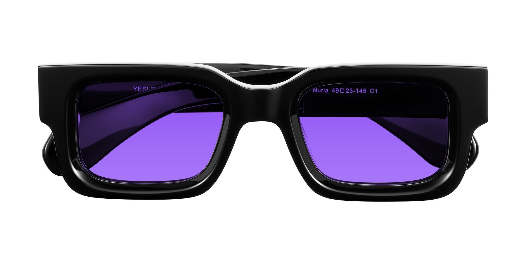 Folded Front of Nuria in Black with Purple Tinted Lenses