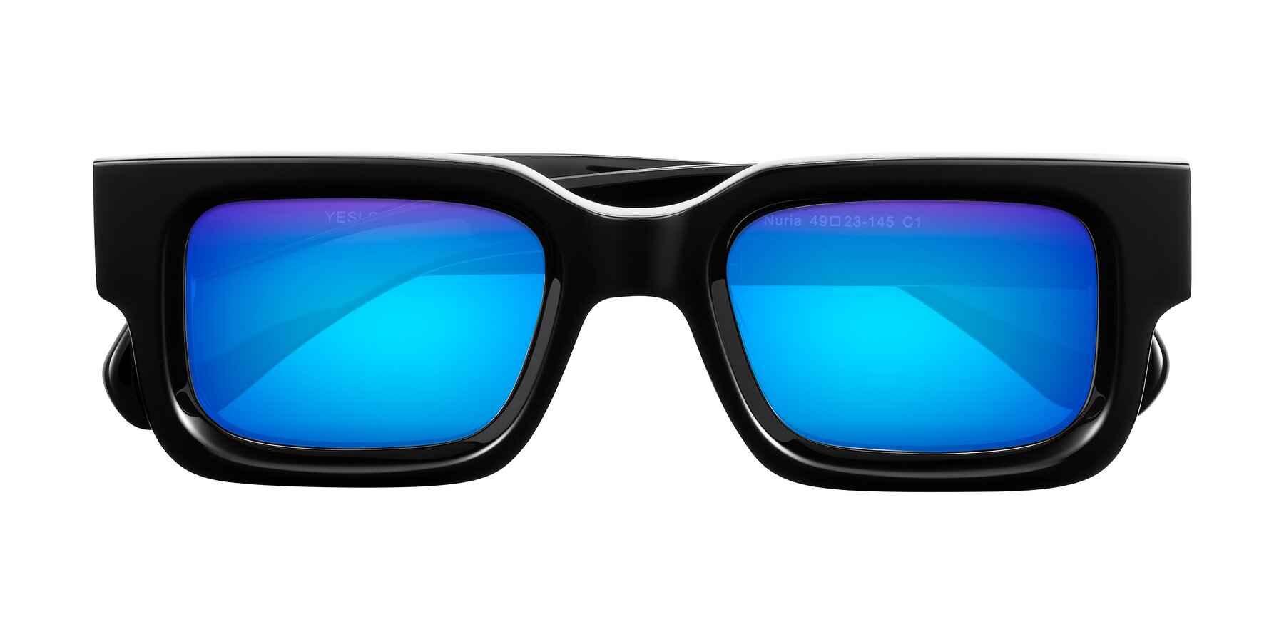 Folded Front of Nuria in Black with Blue Mirrored Lenses
