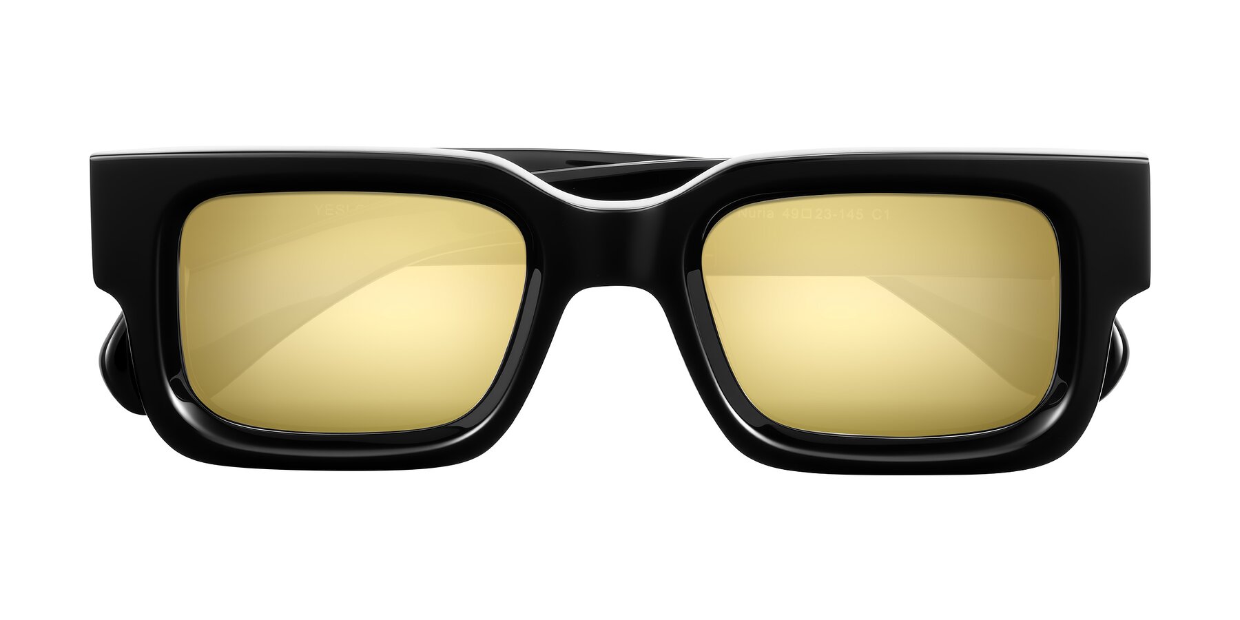 Folded Front of Nuria in Black with Gold Mirrored Lenses