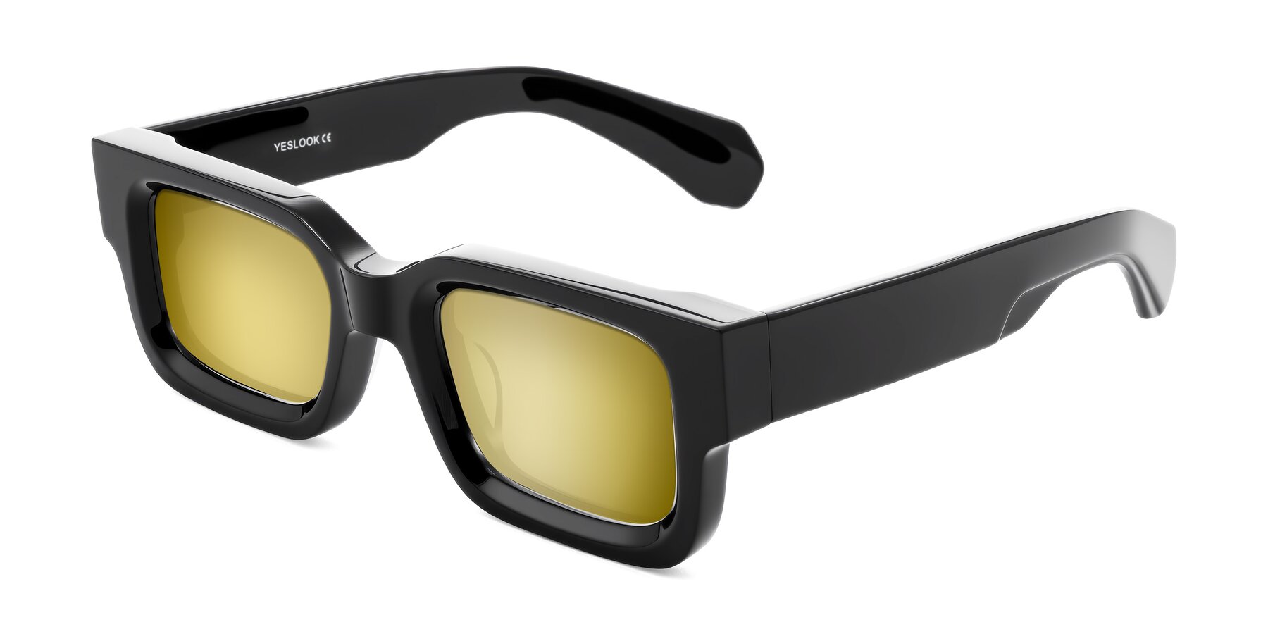 Angle of Nuria in Black with Gold Mirrored Lenses