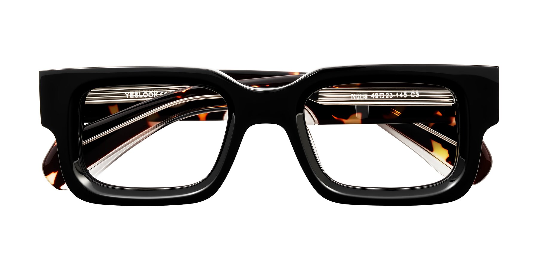 Folded Front of Nuria in Black/Tortoise with Clear Reading Eyeglass Lenses