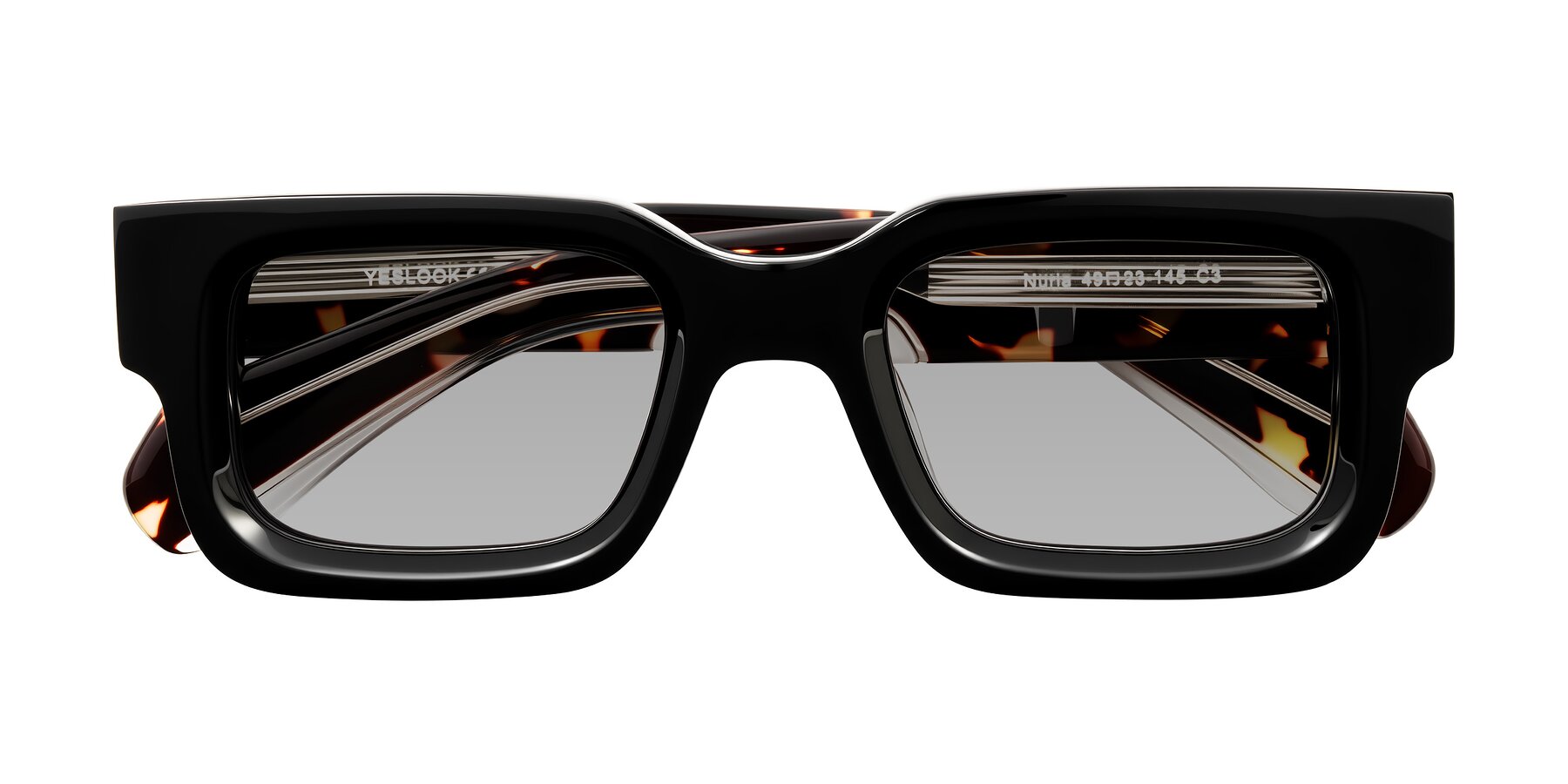 Folded Front of Nuria in Black/Tortoise with Light Gray Tinted Lenses